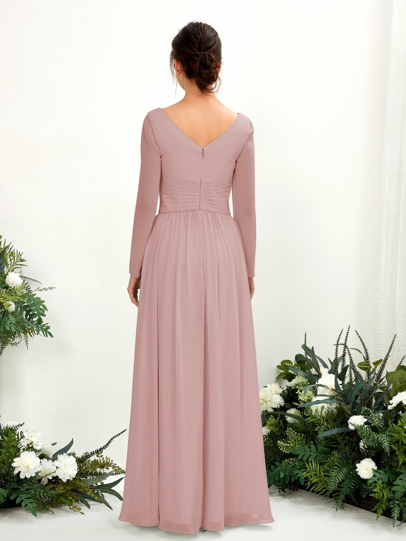 Ball Gown V-neck Long Sleeves Chiffon Bridesmaid Dress - Dusty Rose (81220309)#color_dusty-rose