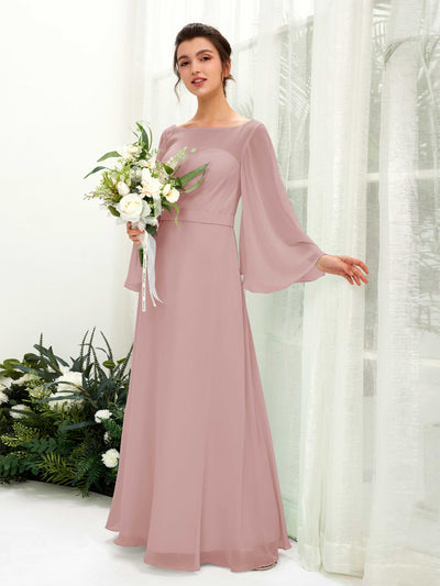Carlyna Elie A-Line Dusty Rose Bridesmaid Dress Maxi Long Sleeve Boat Neck Front View #color_dusty-rose