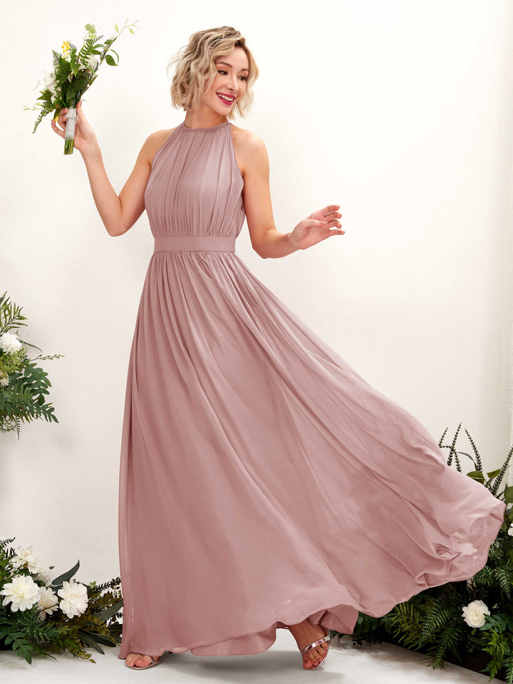 Halter Sleeveless Chiffon Bridesmaid Dress - Dusty Rose (81223109)