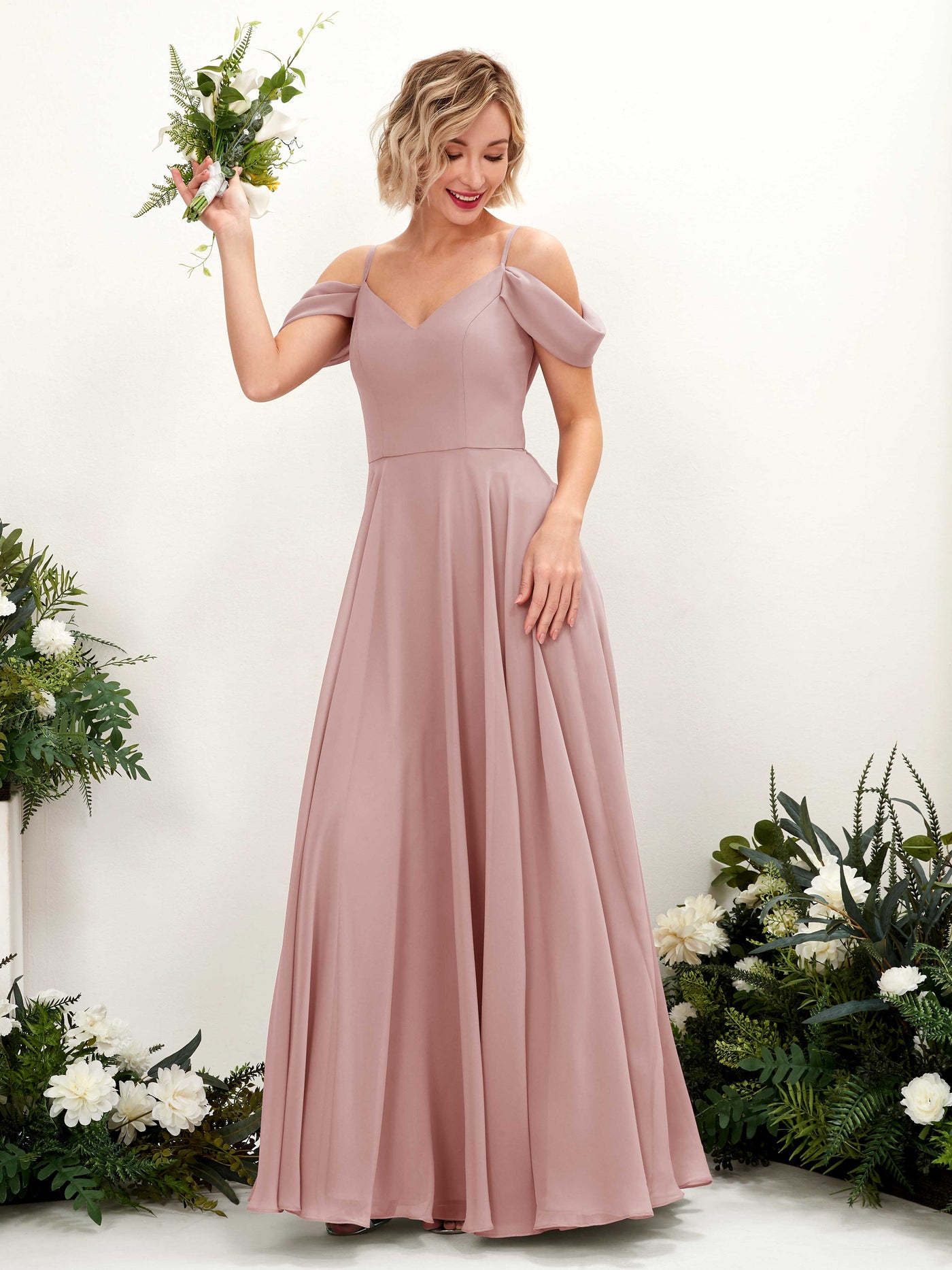 Off Shoulder Straps V-neck Sleeveless Chiffon Bridesmaid Dress - Dusty Rose (81224909)#color_dusty-rose