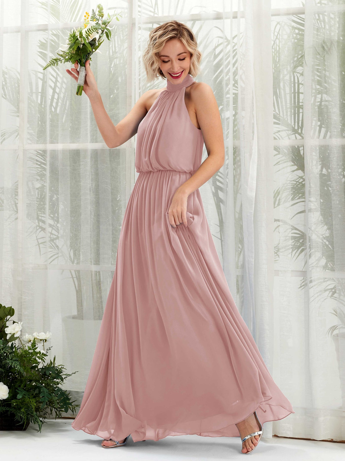 Halter Sleeveless Chiffon Bridesmaid Dress - Dusty Rose (81222909)#color_dusty-rose