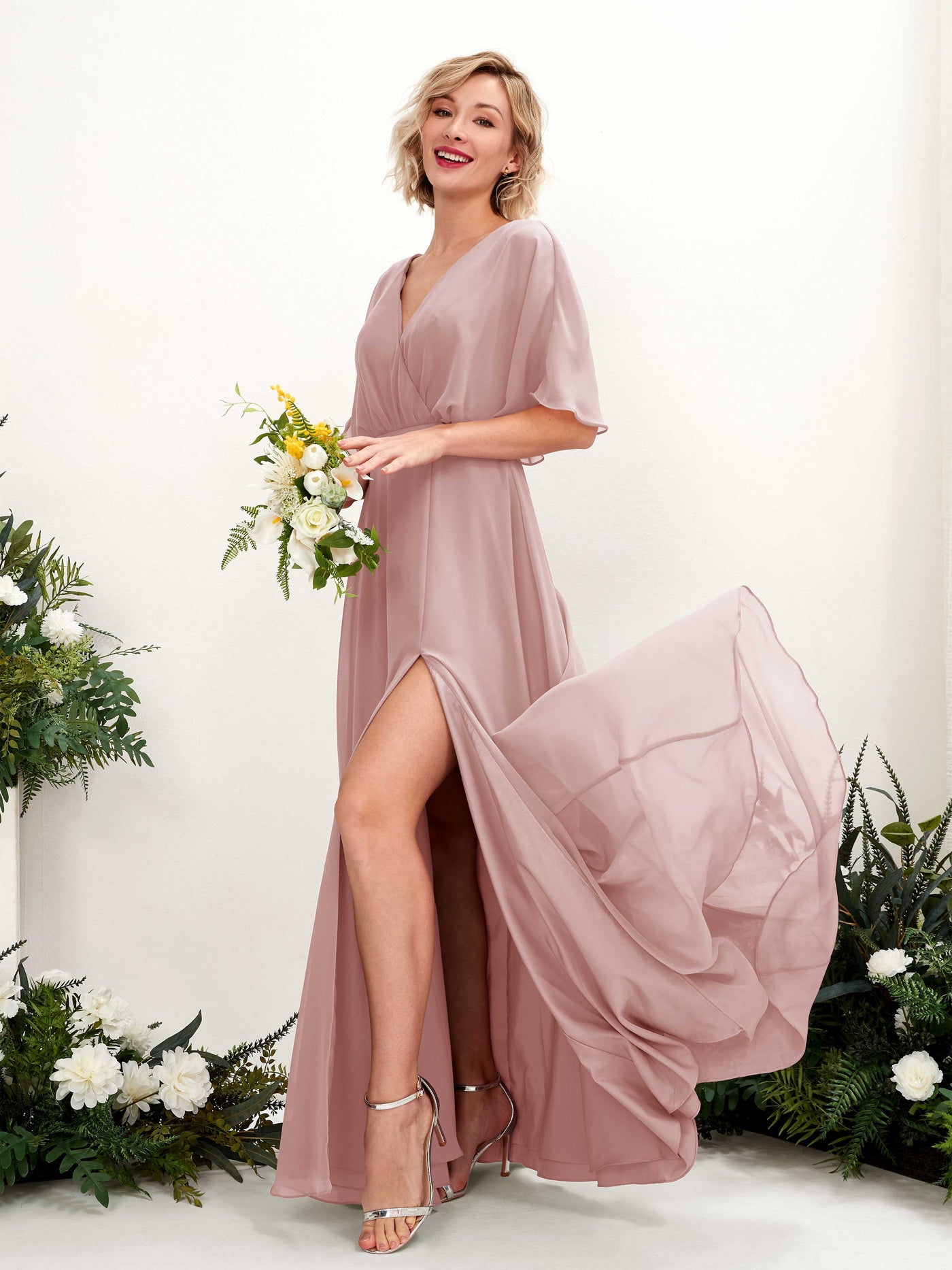 V-neck 1/2 Sleeves Chiffon Bridesmaid Dress - Dusty Rose (81225109)#color_dusty-rose