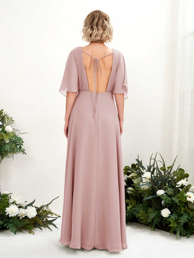 Carlyna Dhea A-Line Dusty Rose Bridesmaid Dress Maxi Short Sleeve V-Neck Dress Back View #color_dusty-rose