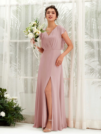 Carlyna Annie A-Line Dusty Rose Bridesmaid Dress Maxi Cap Sleeve V-Neck Dress Front View #color_dusty-rose
