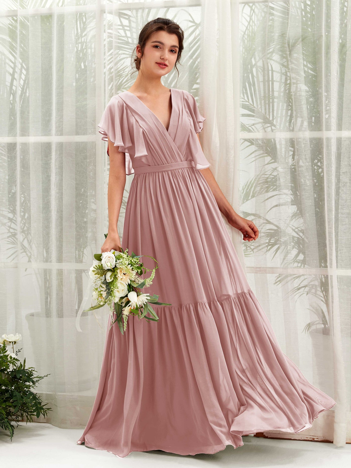 V-neck Cap Sleeves Chiffon Bridesmaid Dress - Dusty Rose (81225909)#color_dusty-rose