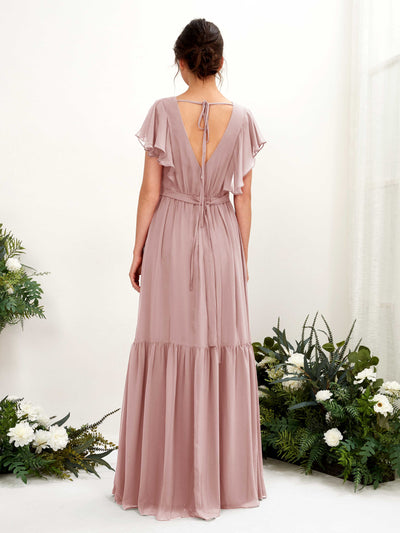 Carlyna Chaya A-Line Dusty Rose Bridesmaid Dress Maxi Cap Sleeve V-Neck Dress Back View #color_dusty-rose