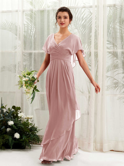 Carlyna Darlene A-Line Dusty Rose Bridesmaid Dress Maxi Short Sleeve V-Neck Dress Front View #color_dusty-rose
