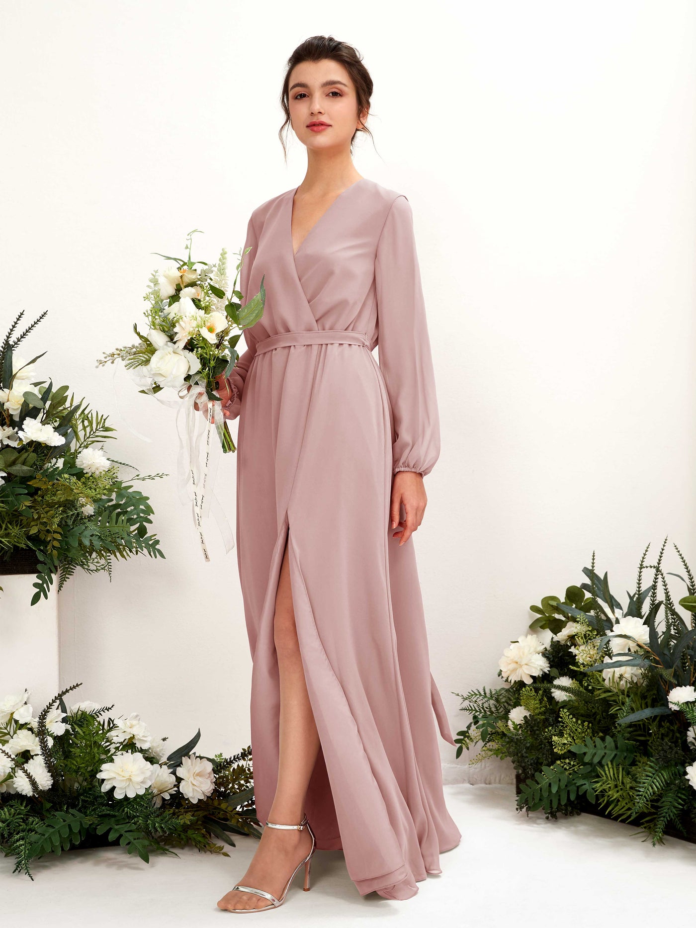 V-neck Long Sleeves Chiffon Bridesmaid Dress - Dusty Rose (81223209)#color_dusty-rose