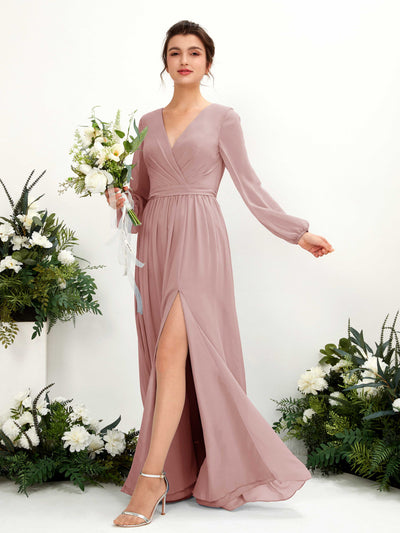 Carlyna Ginny A-Line Dusty Rose Bridesmaid Dress Maxi Long Sleeve V-Neck Front View #color_dusty-rose