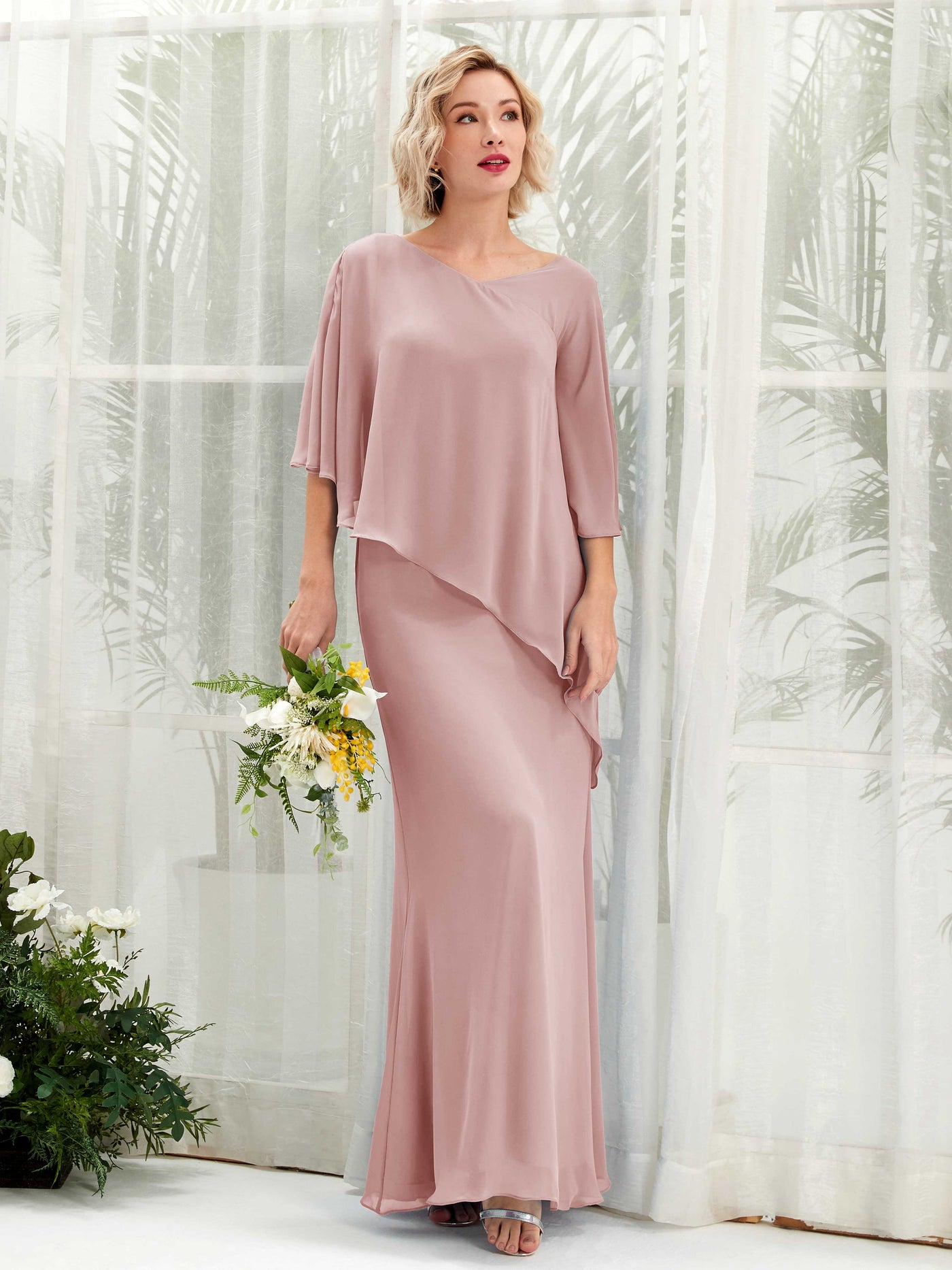 V-neck 3/4 Sleeves Chiffon Bridesmaid Dress - Dusty Rose (81222509)#color_dusty-rose