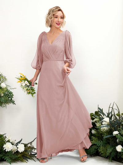 Carlyna Antonia A-Line Dusty Rose Bridesmaid Dress Maxi Three Quarter Sleeve V-Neck Dress Front View #color_dusty-rose