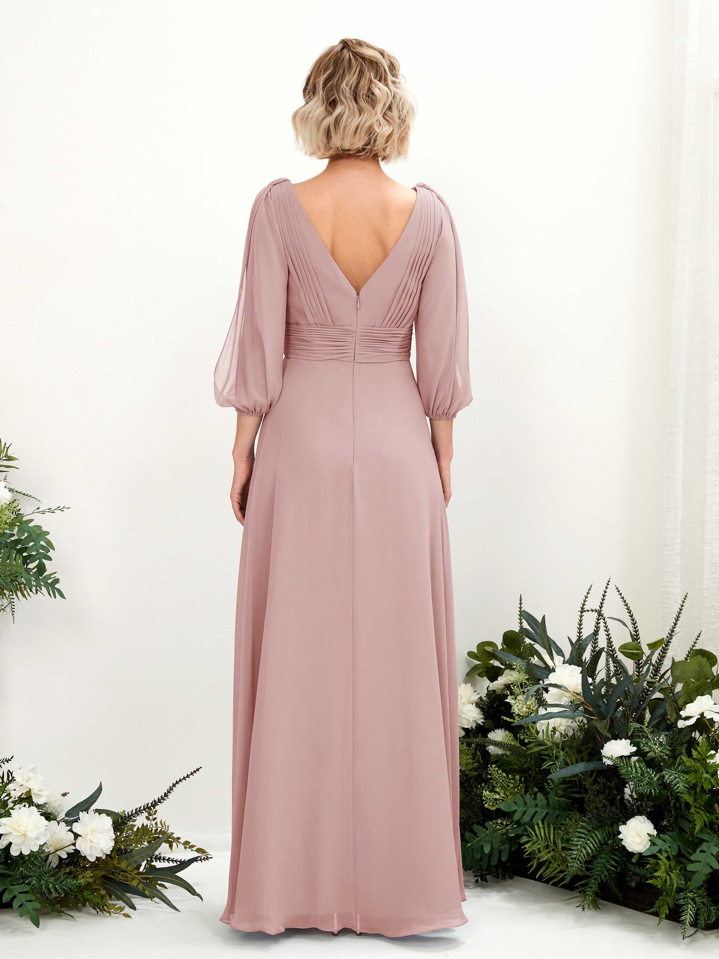 V-neck 3/4 Sleeves Chiffon Bridesmaid Dress - Dusty Rose (81223509)#color_dusty-rose