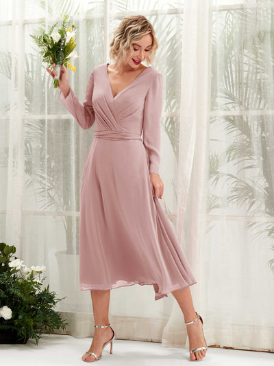 Carlyna Joanna A-Line Dusty Rose Bridesmaid Dress Midi Long Sleeve V-Neck  #color_dusty-rose