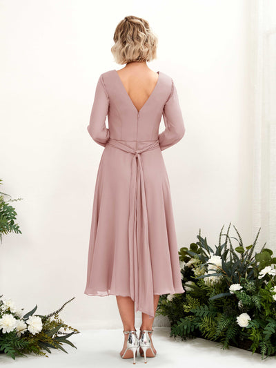 Carlyna Joanna A-Line Dusty Rose Bridesmaid Dress Midi Long Sleeve V-Neck  #color_dusty-rose