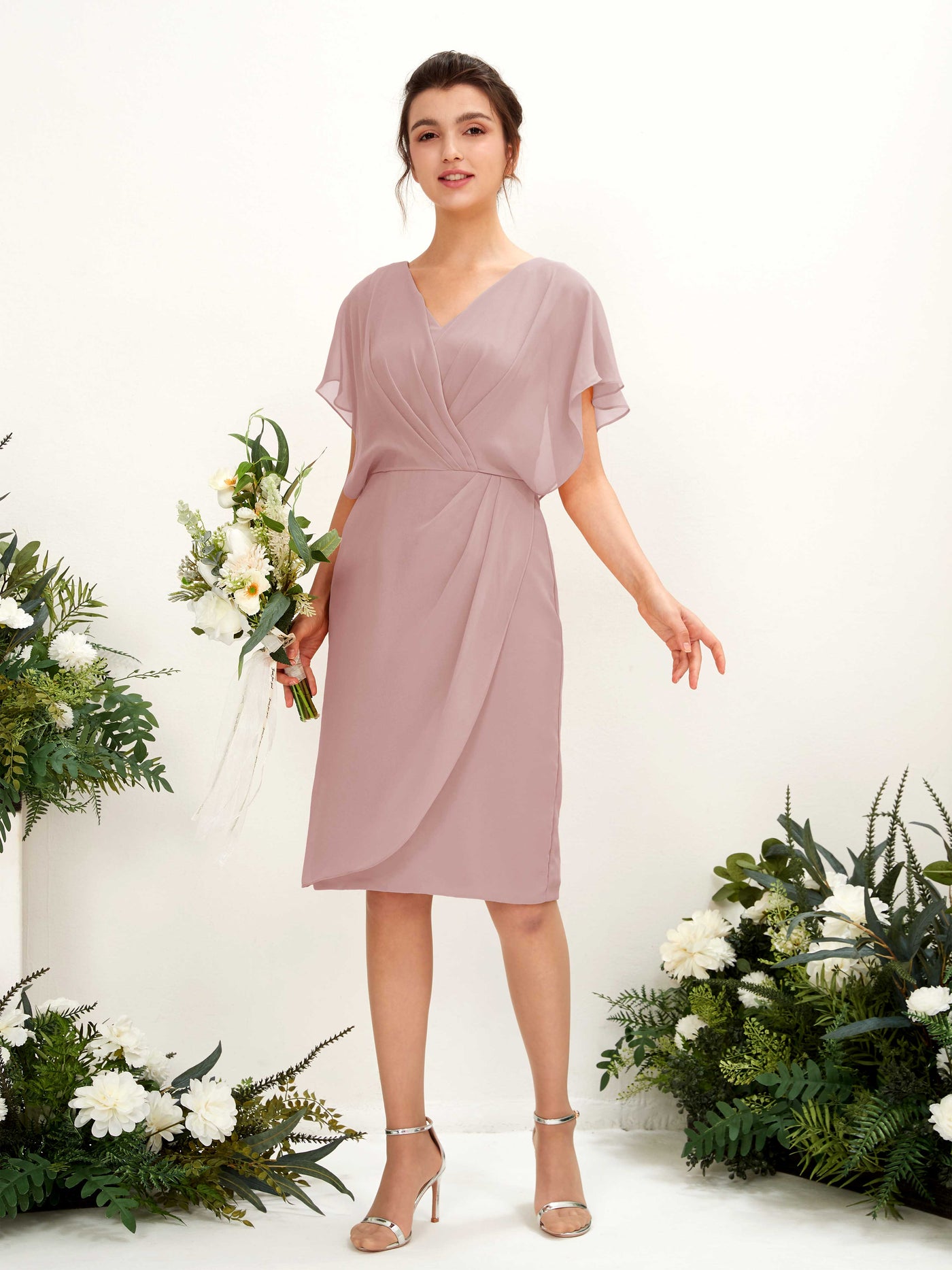 V-neck Short Sleeves Chiffon Bridesmaid Dress - Dusty Rose (81222209)#color_dusty-rose