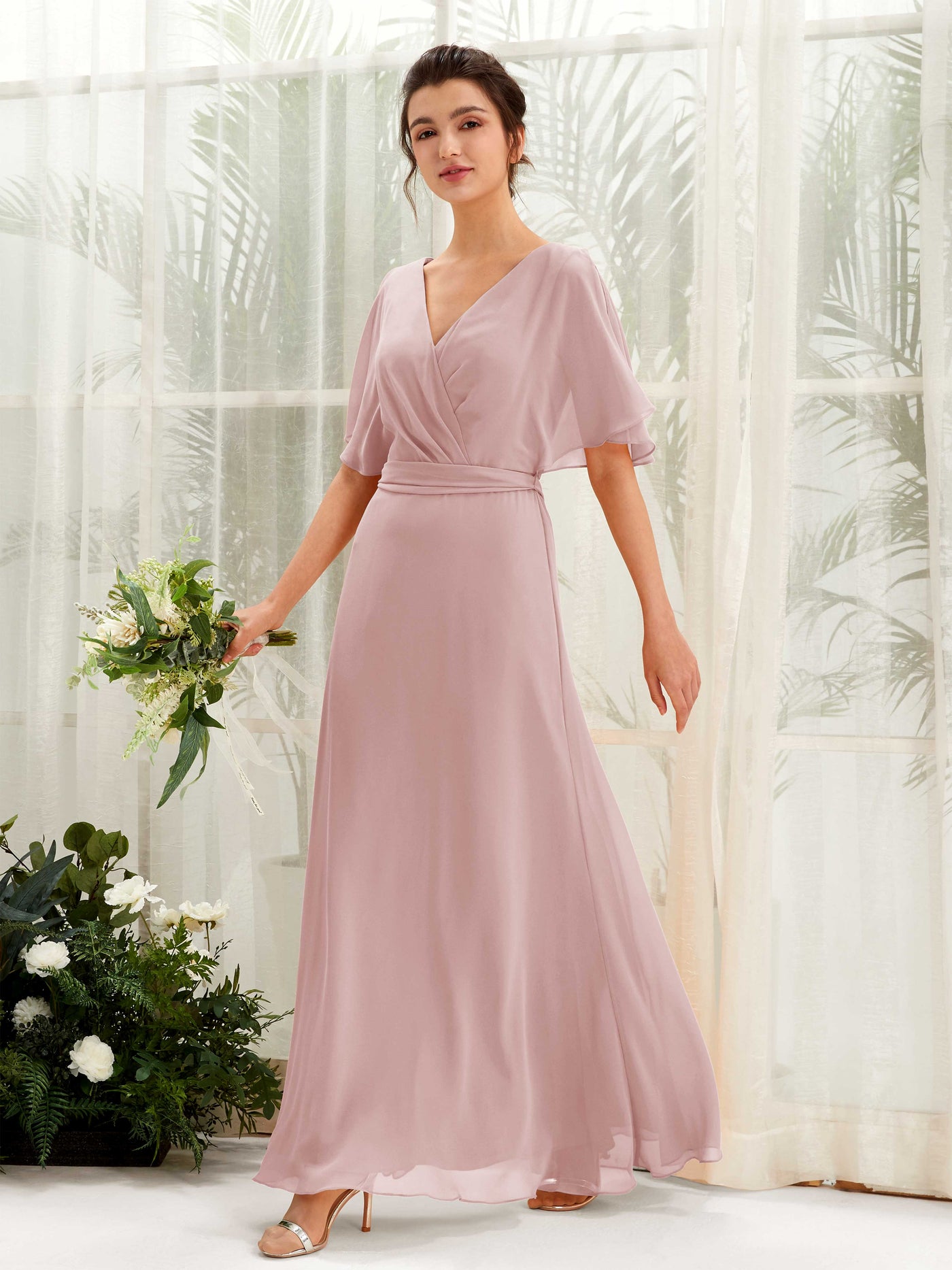 V-neck Short Sleeves Chiffon Bridesmaid Dress - Dusty Rose (81222409)#color_dusty-rose