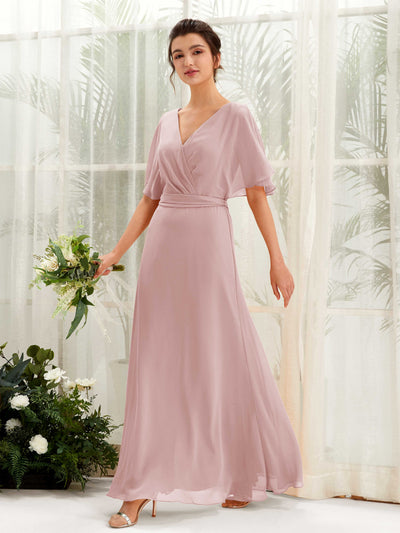 Carlyna Merta A-Line Dusty Rose Bridesmaid Dress Maxi Short Sleeve V-Neck Dress #color_dusty-rose