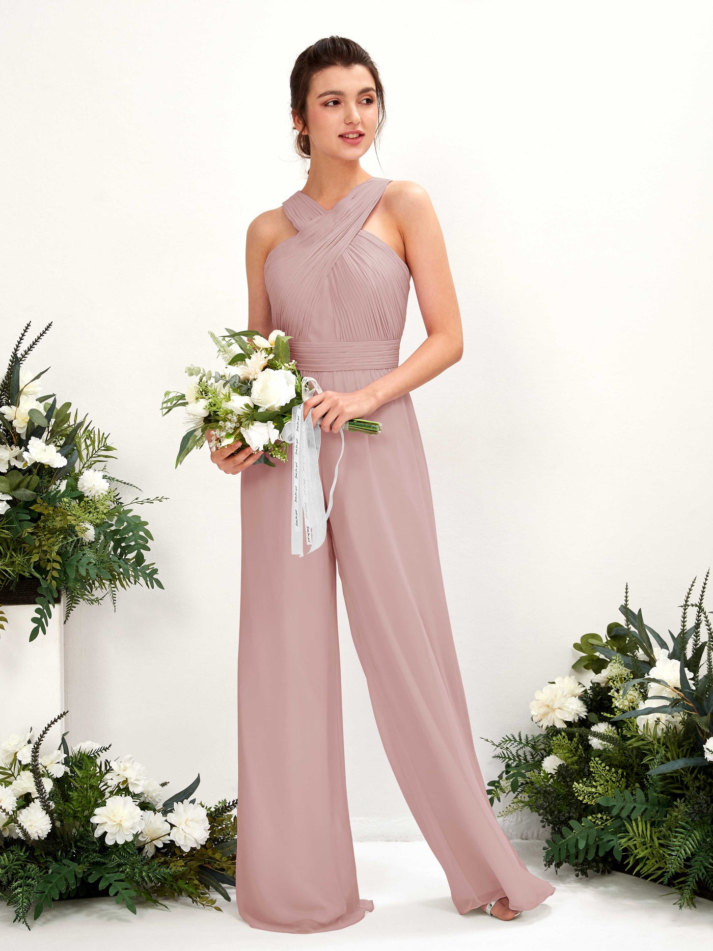 V-neck Sleeveless Chiffon Bridesmaid Dress Wide-Leg Jumpsuit - Dusty Rose (81220709)#color_dusty-rose