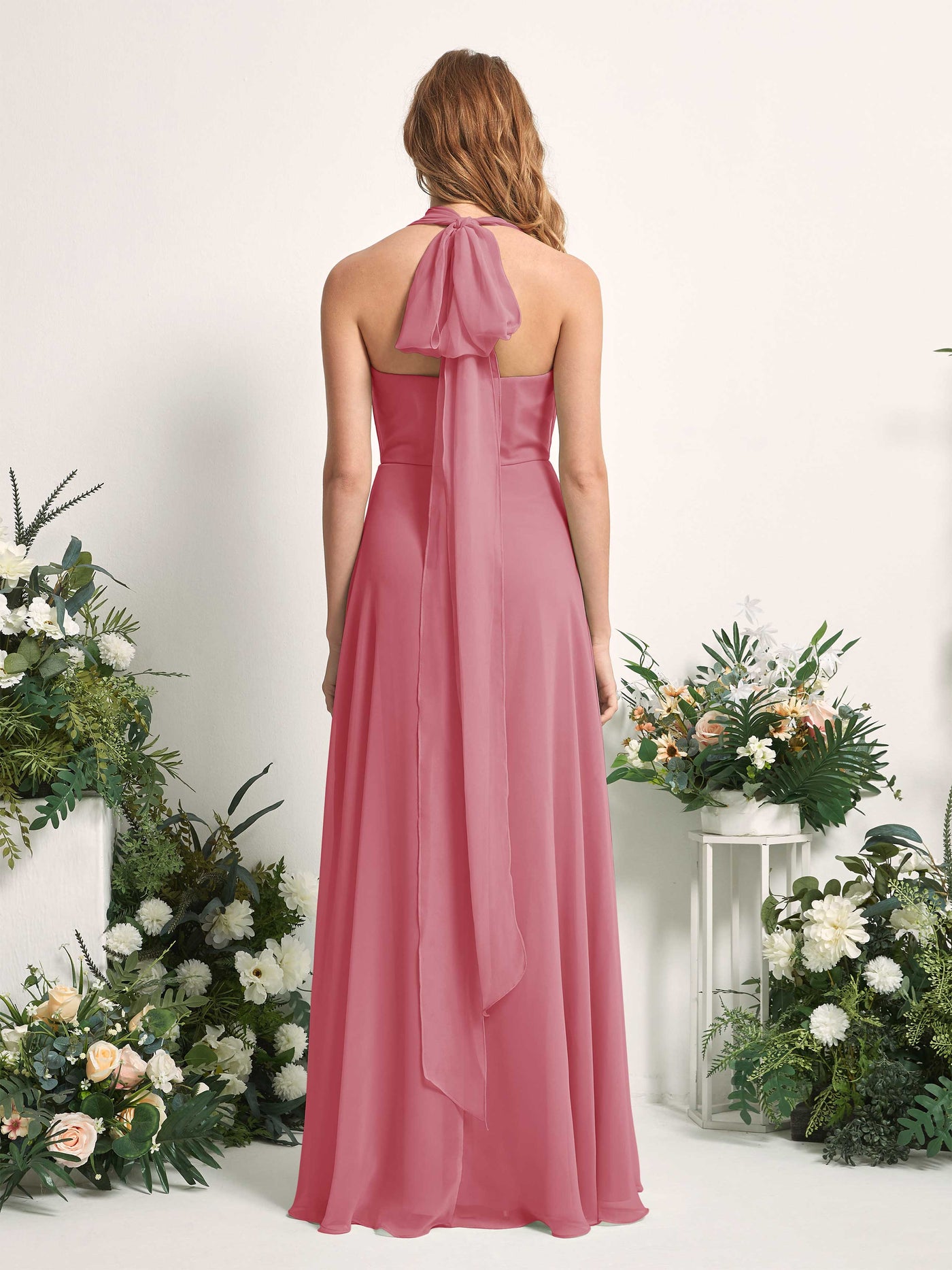 Bridesmaid Dress A-line Chiffon Halter Full Length Short Sleeves Wedding Party Dress - Desert Rose (81226311)#color_desert-rose