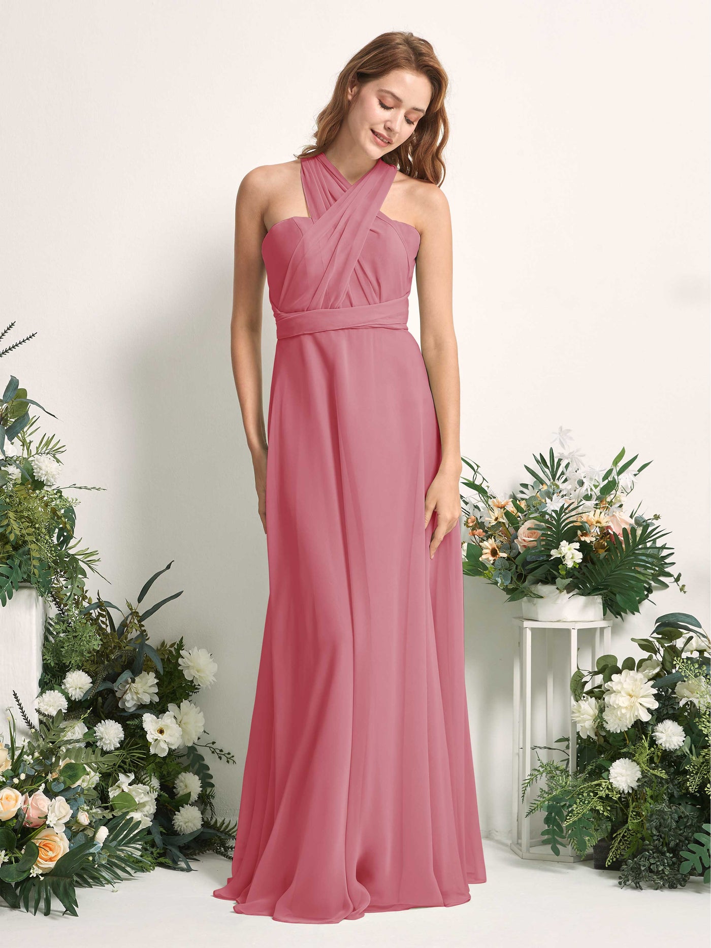 Bridesmaid Dress A-line Chiffon Halter Full Length Short Sleeves Wedding Party Dress - Desert Rose (81226311)#color_desert-rose