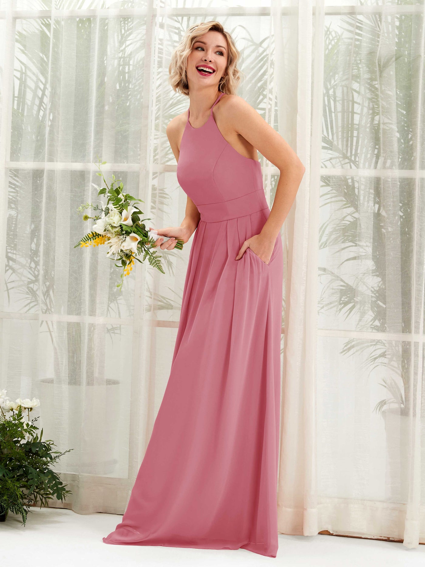 A-line Ball Gown Halter Spaghetti-straps Sleeveless Bridesmaid Dress - Desert Rose (81225211)#color_desert-rose
