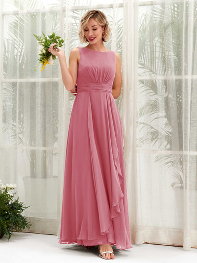 Carlyna Brianna A-Line Desert Rose Bridesmaid Dress Maxi Sleeveless Boat Neck Dress Front View #color_desert-rose