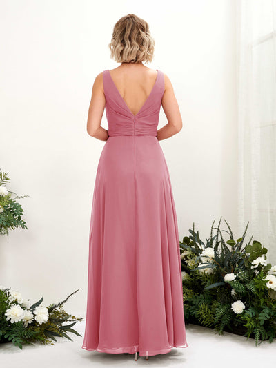 Carlyna Brianna A-Line Desert Rose Bridesmaid Dress Maxi Sleeveless Boat Neck Dress Back View #color_desert-rose