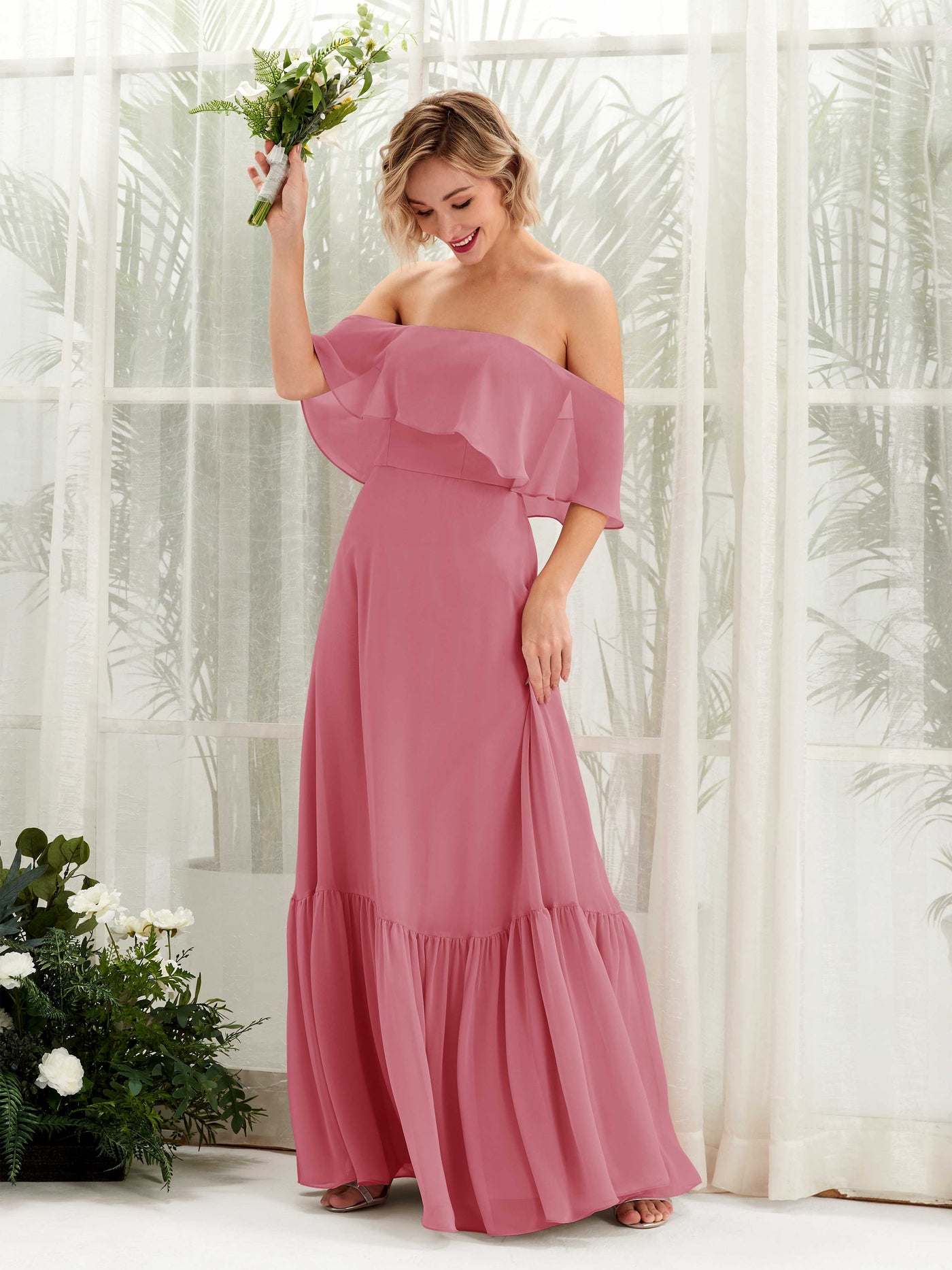 A-line Off Shoulder Chiffon Bridesmaid Dress - Desert Rose (81224511)#color_desert-rose