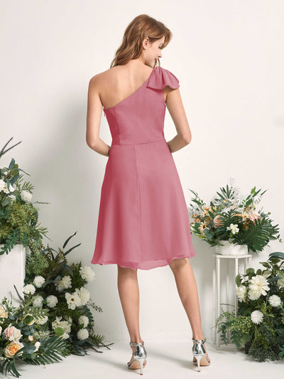Carlyna Brenda A-Line Desert Rose Bridesmaid Dress Knee-Length Sleeveless One Shoulder Dress Back View #color_desert-rose