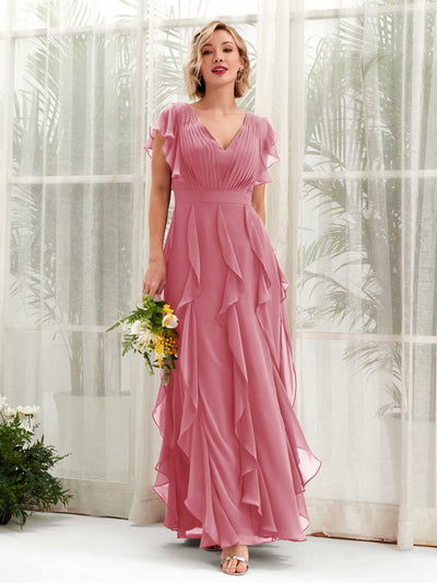 Carlyna Cynthia A-Line Desert Rose Bridesmaid Dress Maxi Cap Sleeve V-Neck Dress Front View #color_desert-rose
