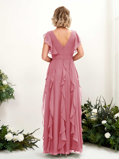Carlyna Cynthia A-Line Desert Rose Bridesmaid Dress Maxi Cap Sleeve V-Neck Dress Back View #color_desert-rose