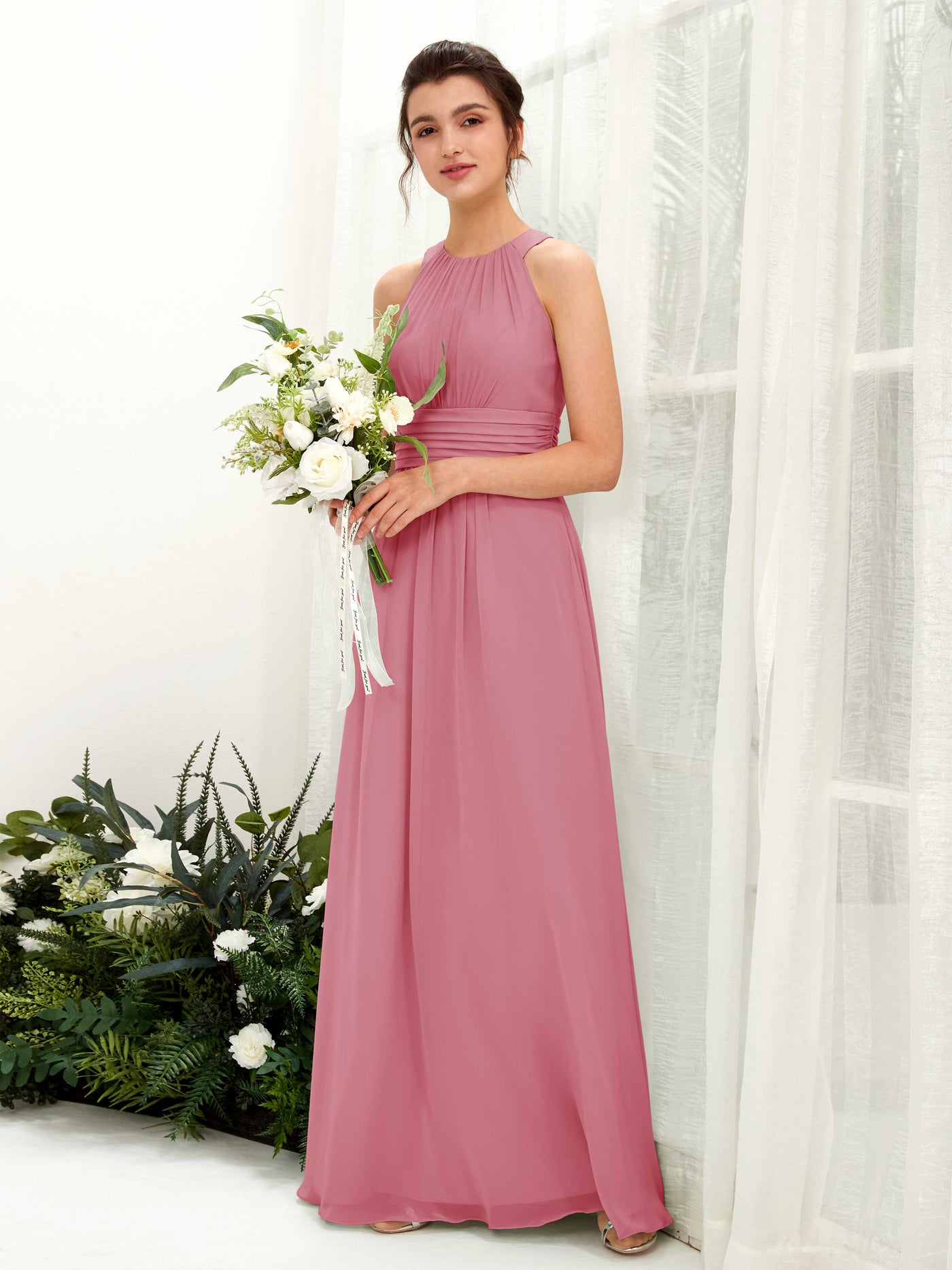 A-line Round Sleeveless Chiffon Bridesmaid Dress - Desert Rose (81221511)#color_desert-rose