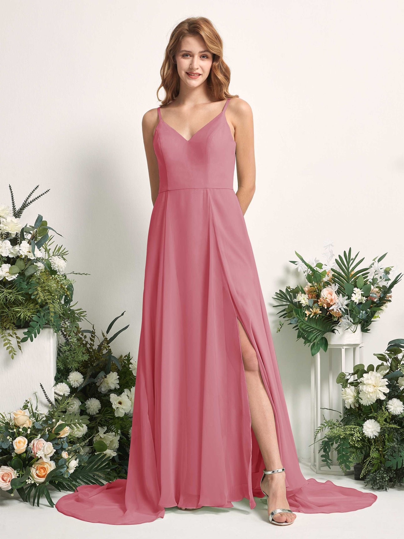 Bridesmaid Dress A-line Chiffon Spaghetti-straps Full Length Sleeveless Wedding Party Dress - Desert Rose (81227711)#color_desert-rose