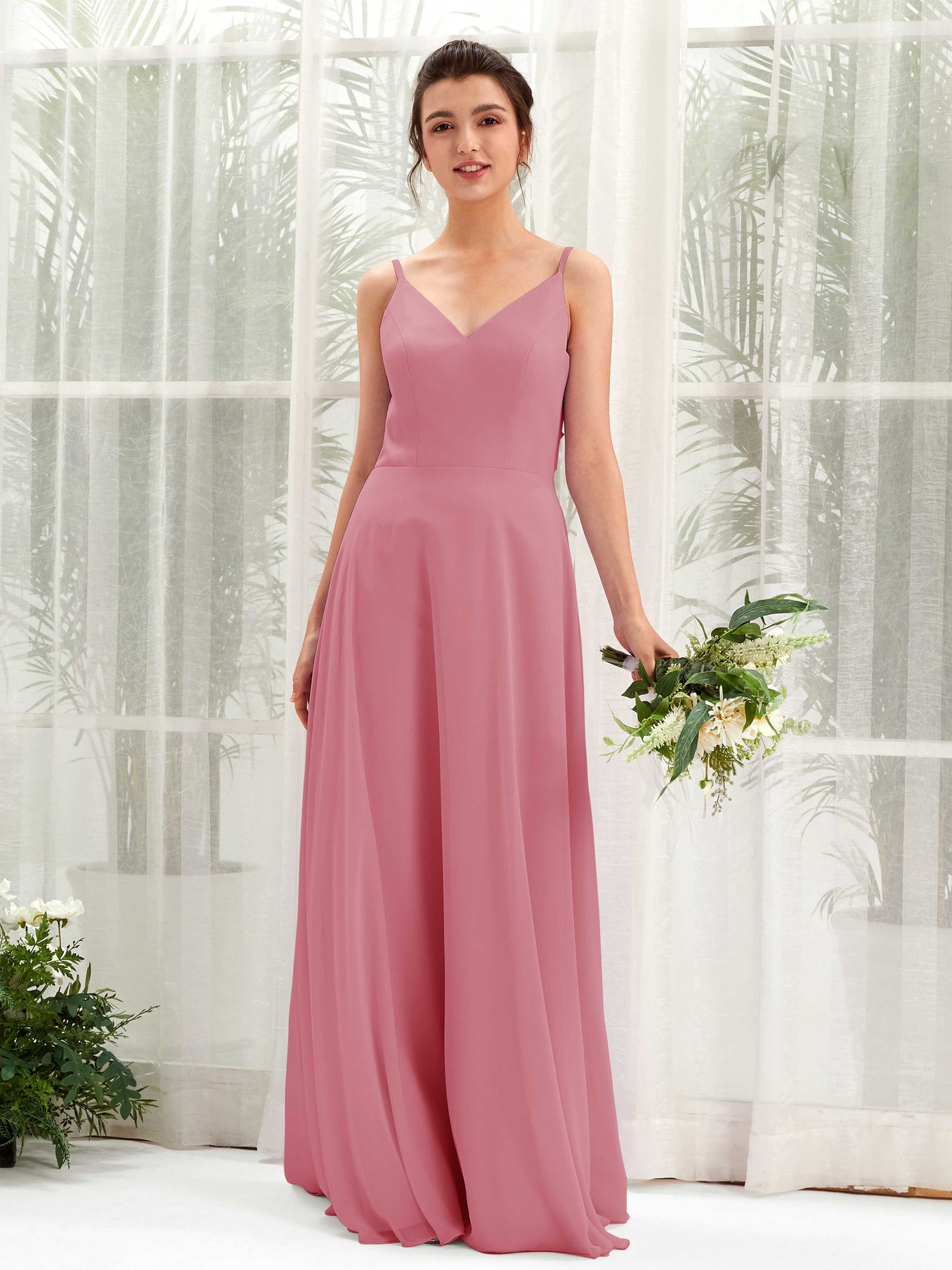 A-line Spaghetti-straps V-neck Sleeveless Chiffon Bridesmaid Dress - Desert Rose (81220611)#color_desert-rose
