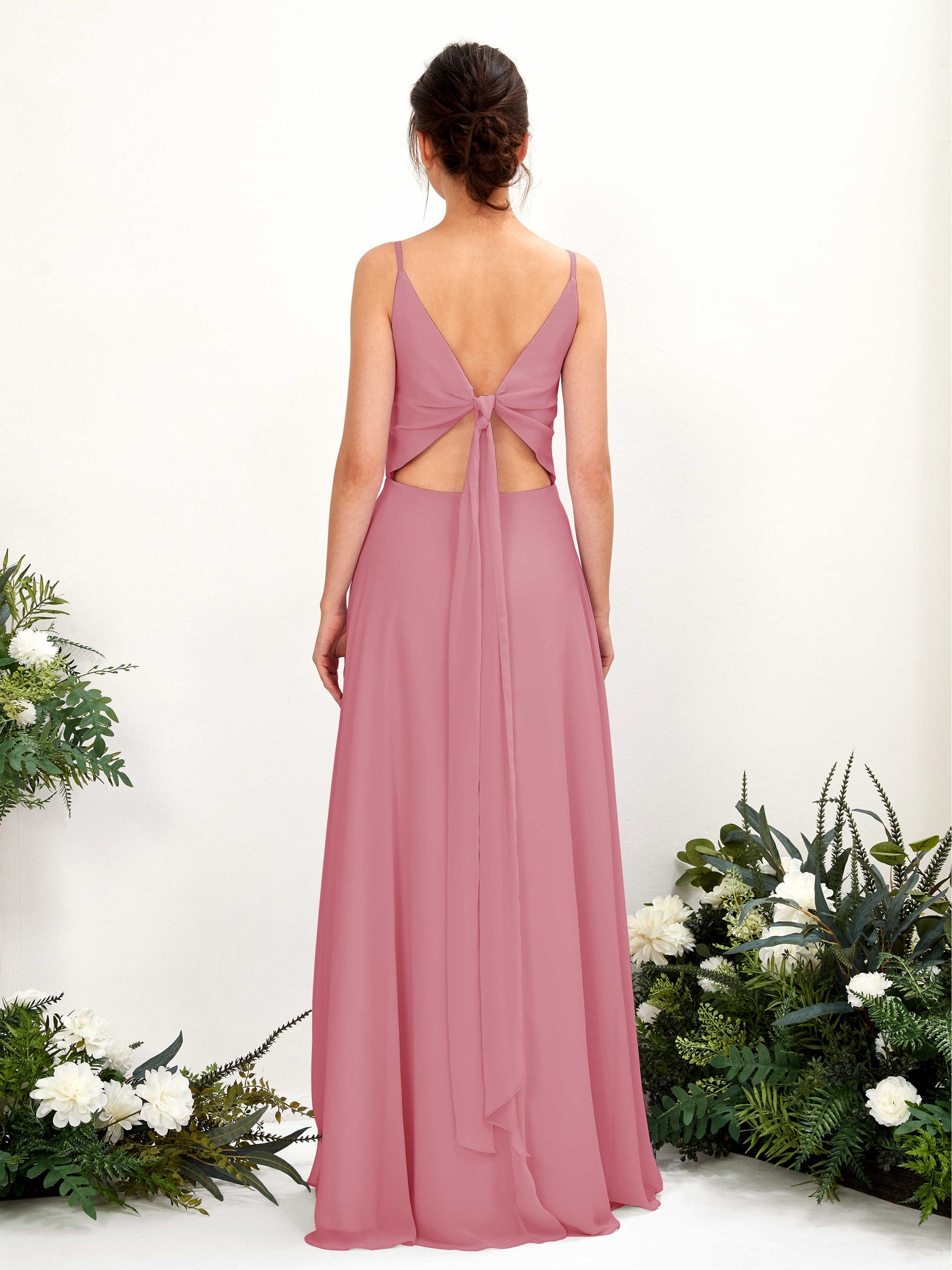 A-line Spaghetti-straps V-neck Sleeveless Chiffon Bridesmaid Dress - Desert Rose (81220611)#color_desert-rose