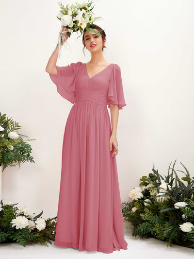 Carlyna Odette A-Line Desert Rose Bridesmaid Dress Maxi Short Sleeve V-Neck Dress #color_desert-rose