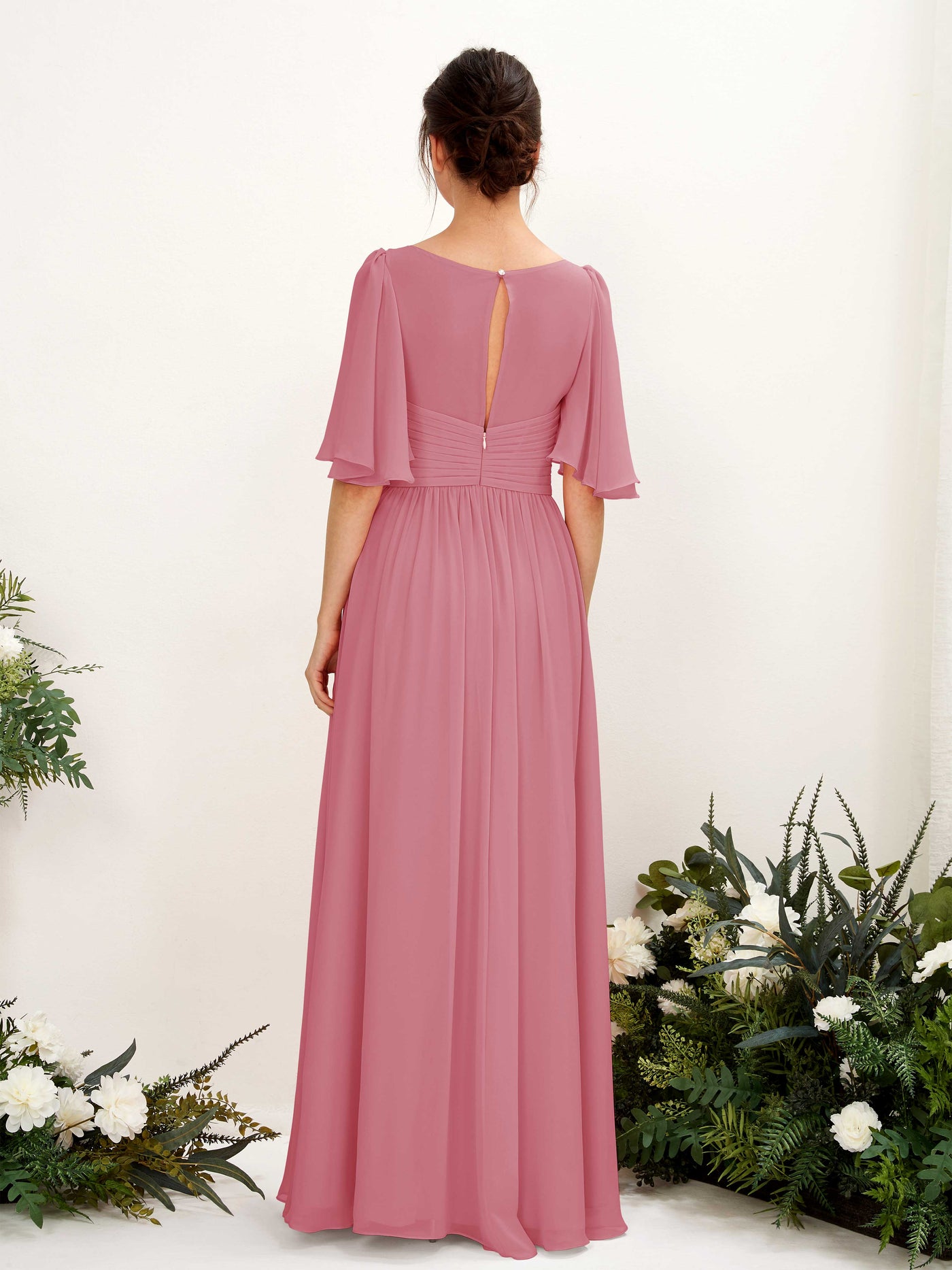 A-line V-neck 1/2 Sleeves Chiffon Bridesmaid Dress - Desert Rose (81221611)#color_desert-rose