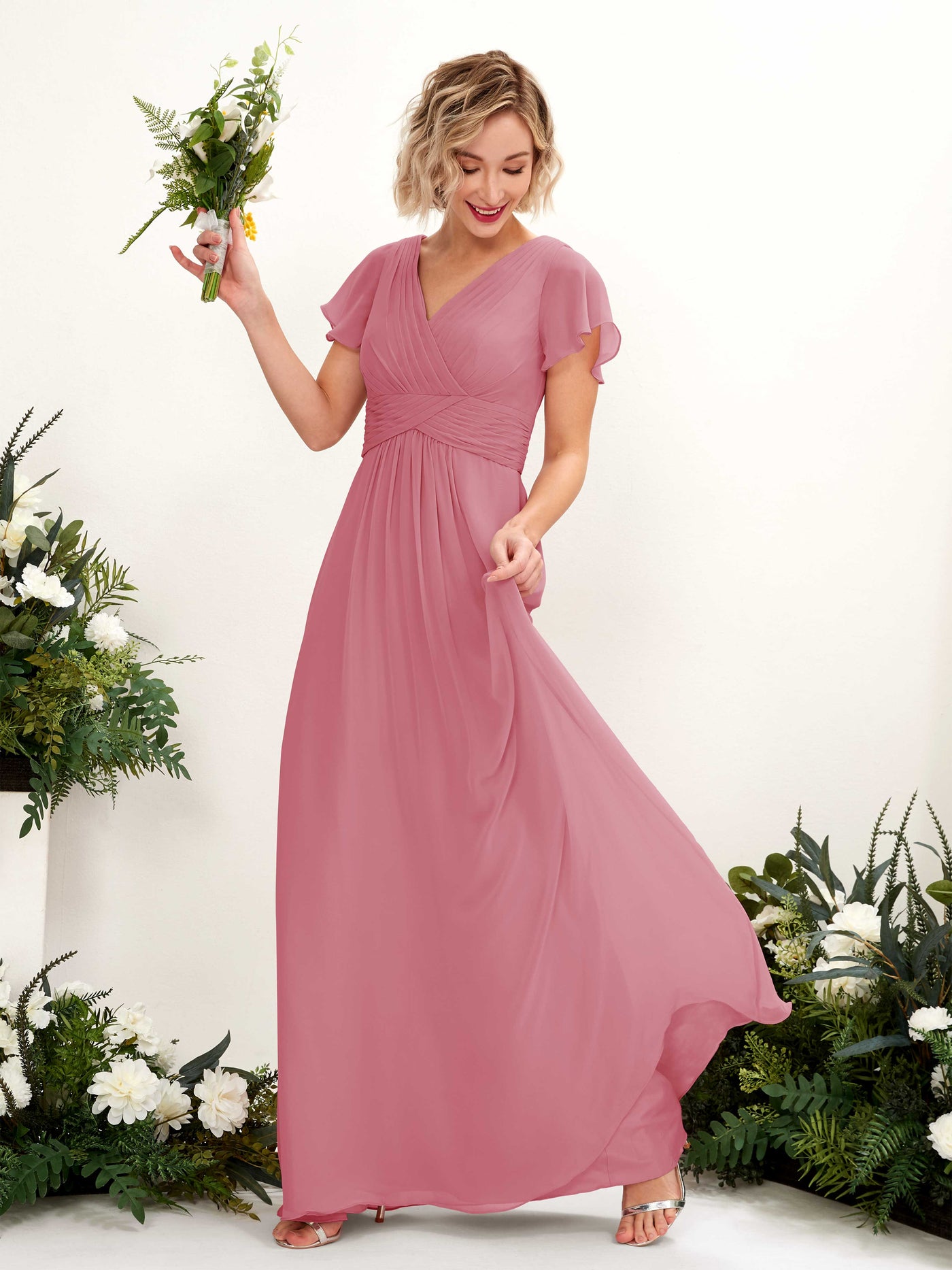A-line V-neck Cap Sleeves Chiffon Bridesmaid Dress - Desert Rose (81224311)#color_desert-rose