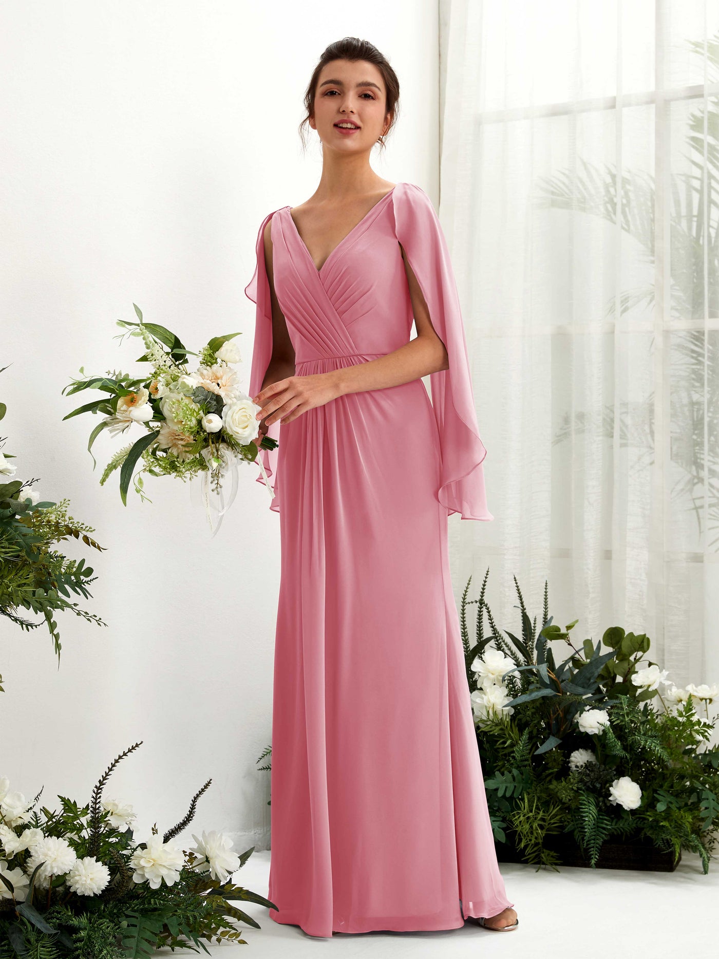 A-line V-neck Chiffon Bridesmaid Dress - Desert Rose (80220111)#color_desert-rose