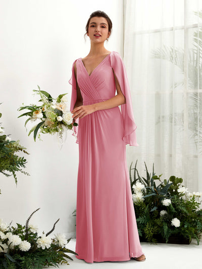 Carlyna Alain A-Line Desert Rose Bridesmaid Dress Maxi Cap Sleeve V-Neck Dress Front View #color_desert-rose