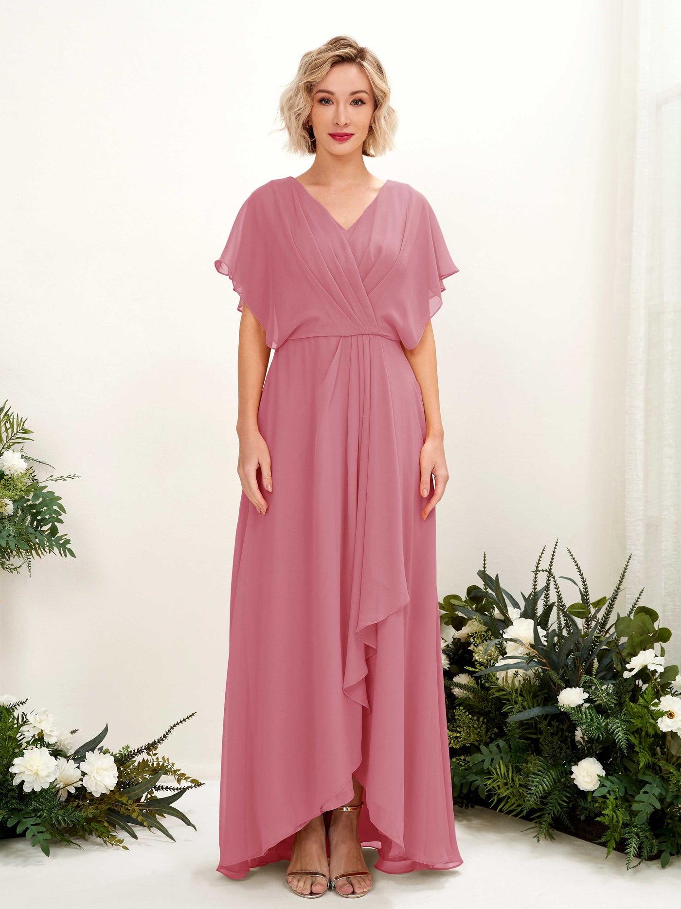 A-line V-neck Short Sleeves Chiffon Bridesmaid Dress - Desert Rose (81222111)#color_desert-rose