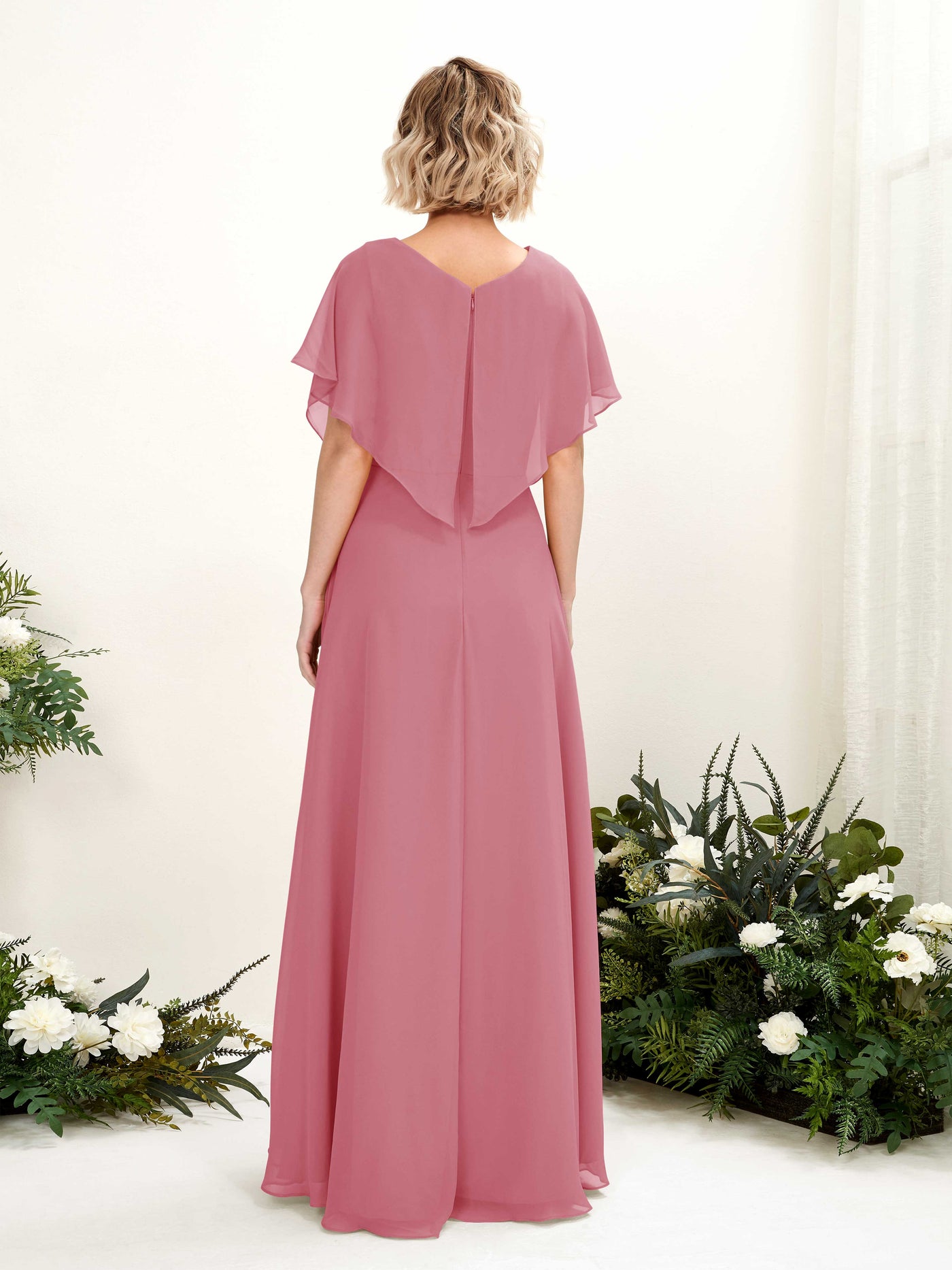 A-line V-neck Short Sleeves Chiffon Bridesmaid Dress - Desert Rose (81222111)#color_desert-rose