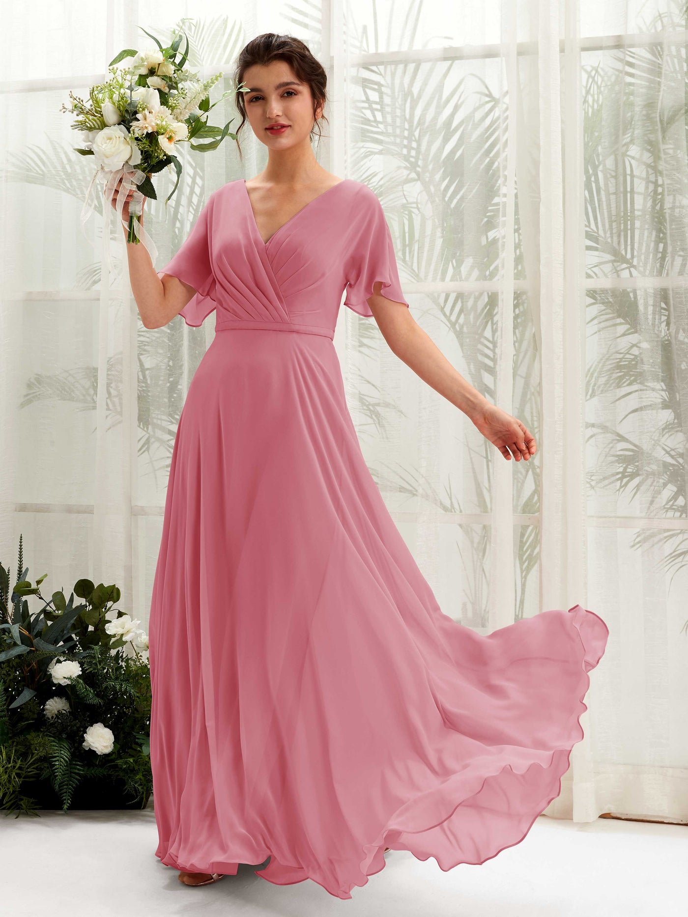 A-line V-neck Short Sleeves Chiffon Bridesmaid Dress - Desert Rose (81224611)#color_desert-rose