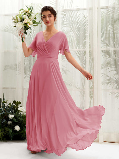 Carlyna Daphne A-Line Desert Rose Bridesmaid Dress Maxi Short Sleeve V-Neck Dress Front View #color_desert-rose