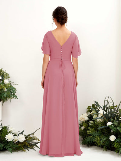 Carlyna Daphne A-Line Desert Rose Bridesmaid Dress Maxi Short Sleeve V-Neck Dress Back View #color_desert-rose