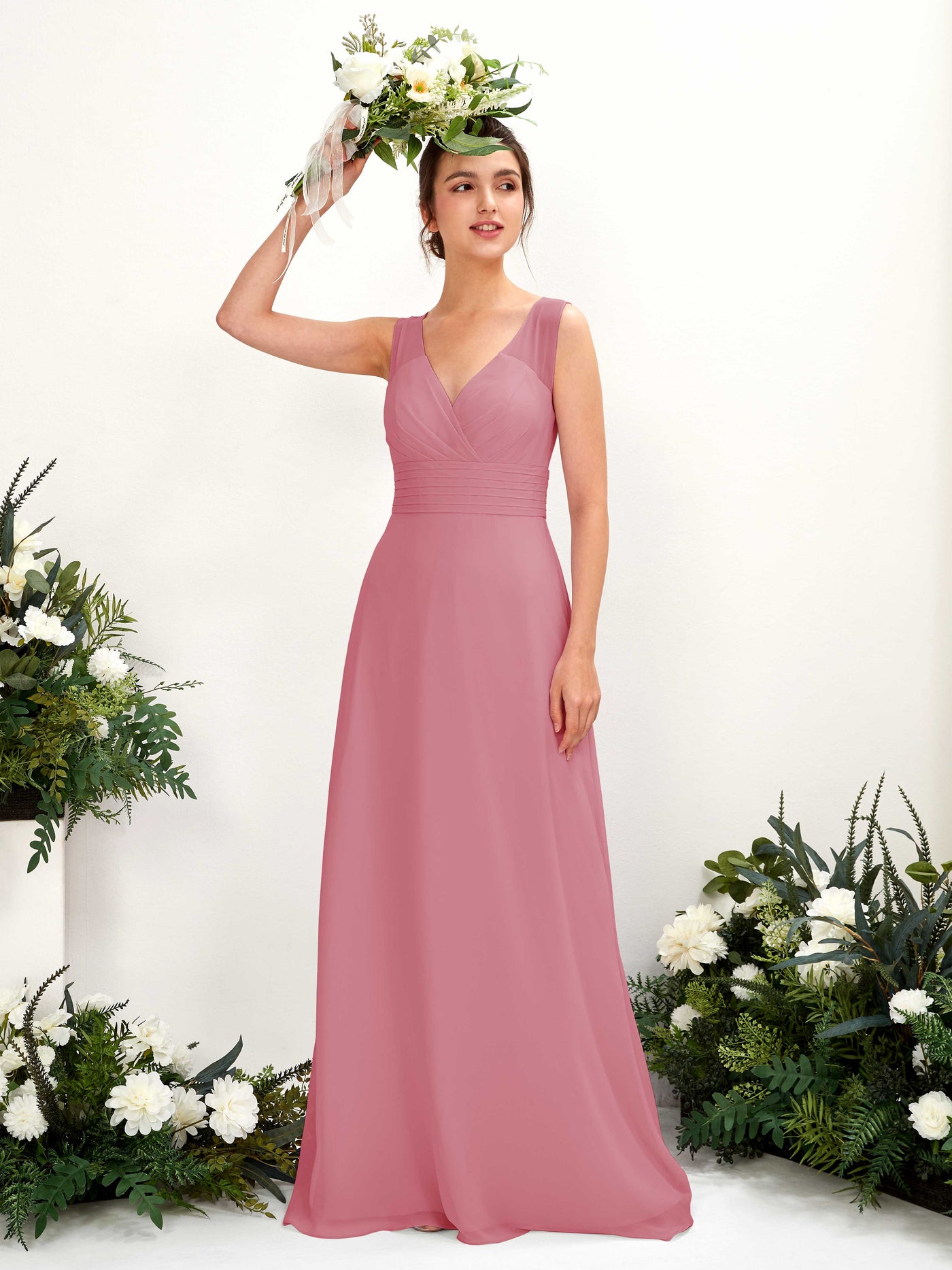 A-line V-neck Sleeveless Chiffon Bridesmaid Dress - Desert Rose (81220911)#color_desert-rose