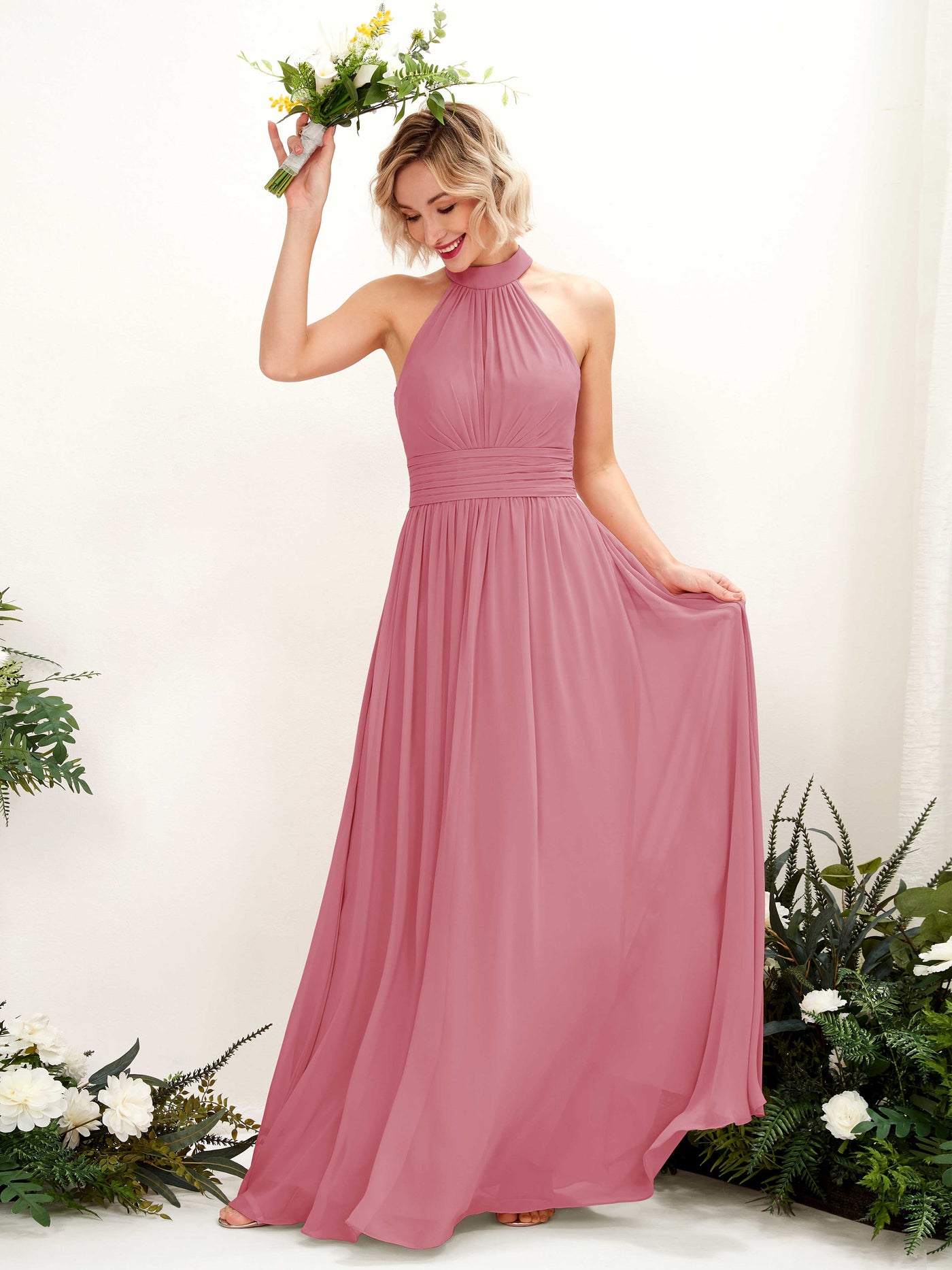 Ball Gown Halter Sleeveless Chiffon Bridesmaid Dress - Desert Rose (81225311)#color_desert-rose