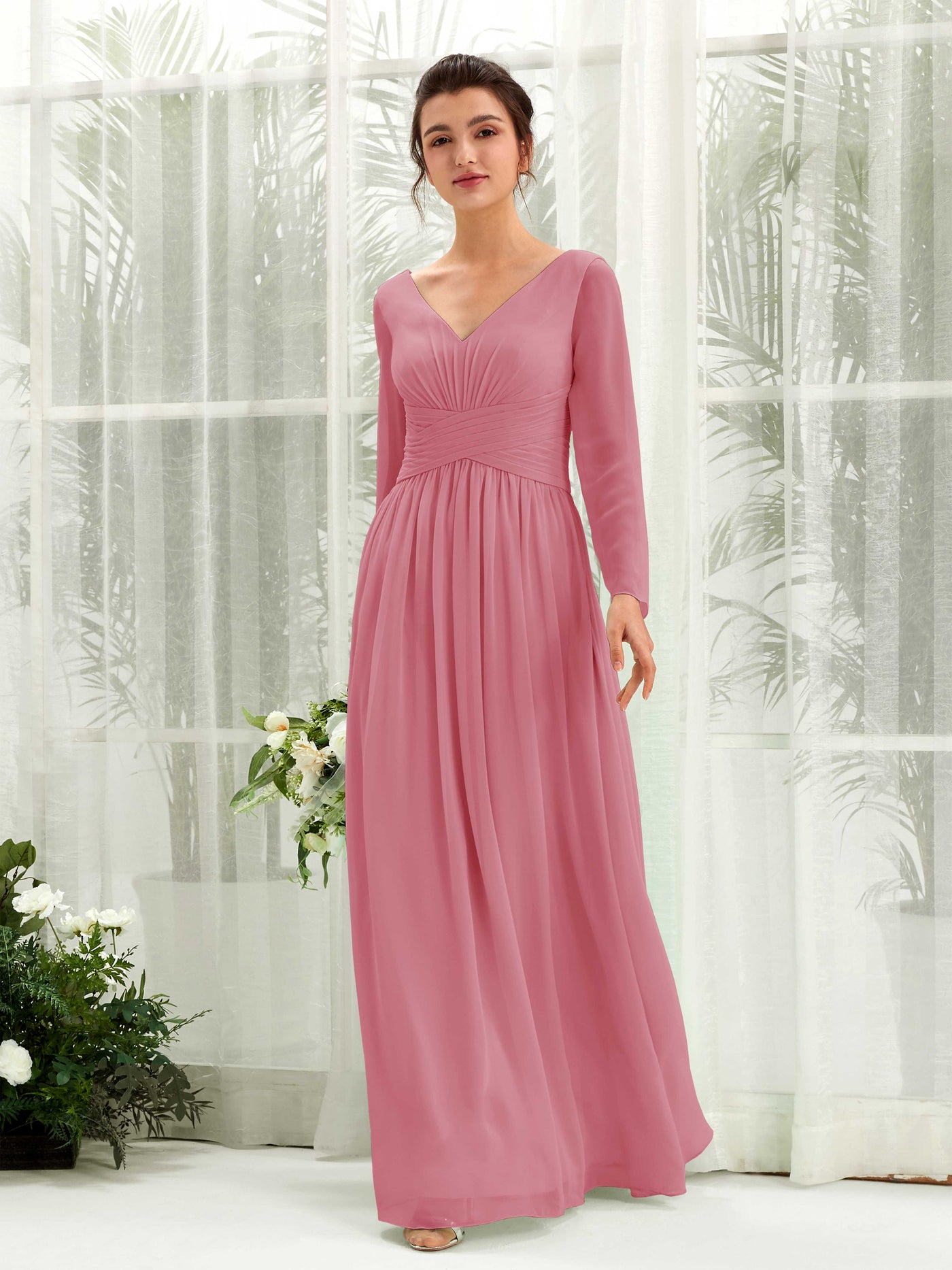 Ball Gown V-neck Long Sleeves Chiffon Bridesmaid Dress - Desert Rose (81220311)#color_desert-rose