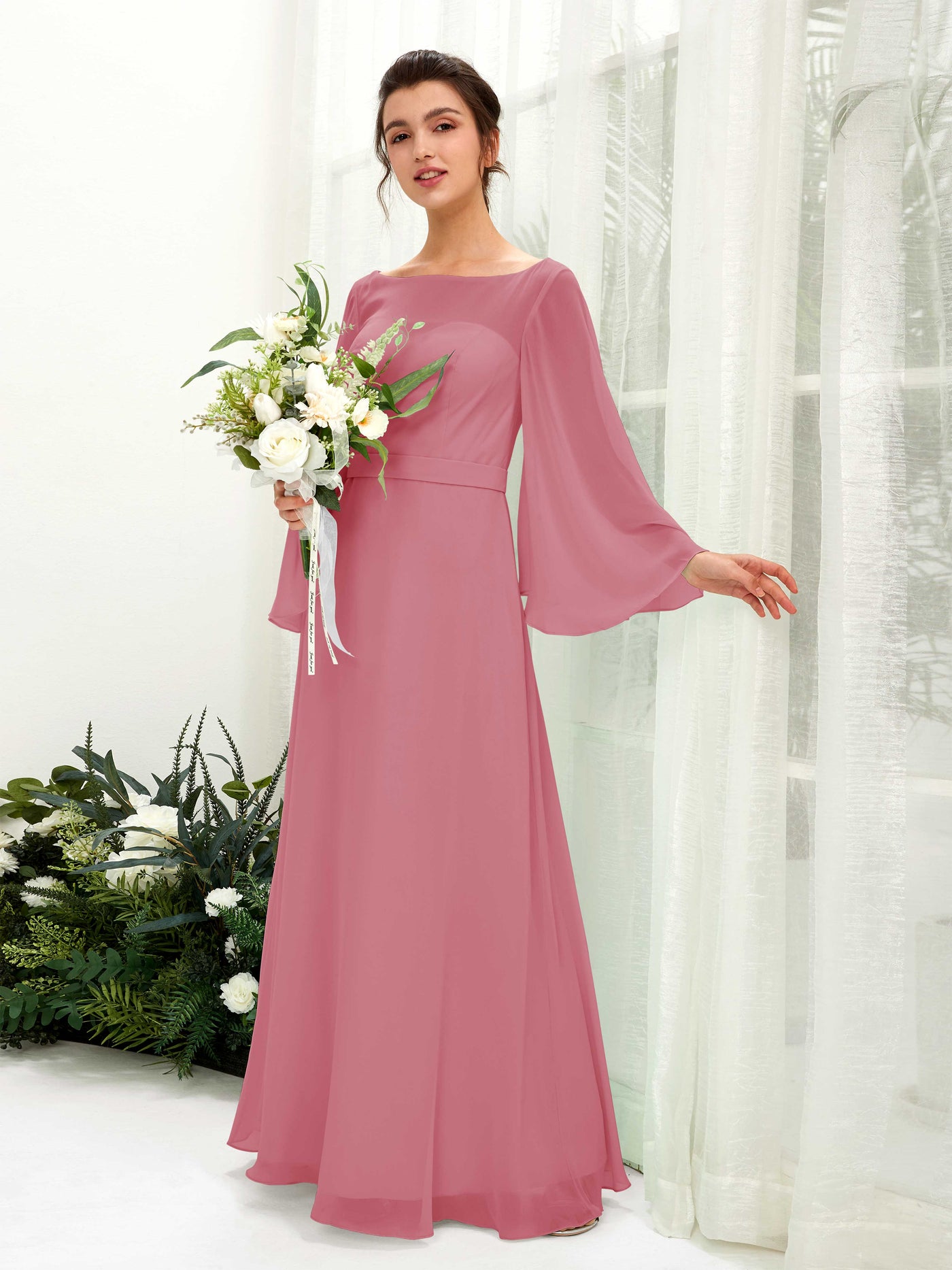 Bateau Illusion Long Sleeves Chiffon Bridesmaid Dress - Desert Rose (81220511)#color_desert-rose