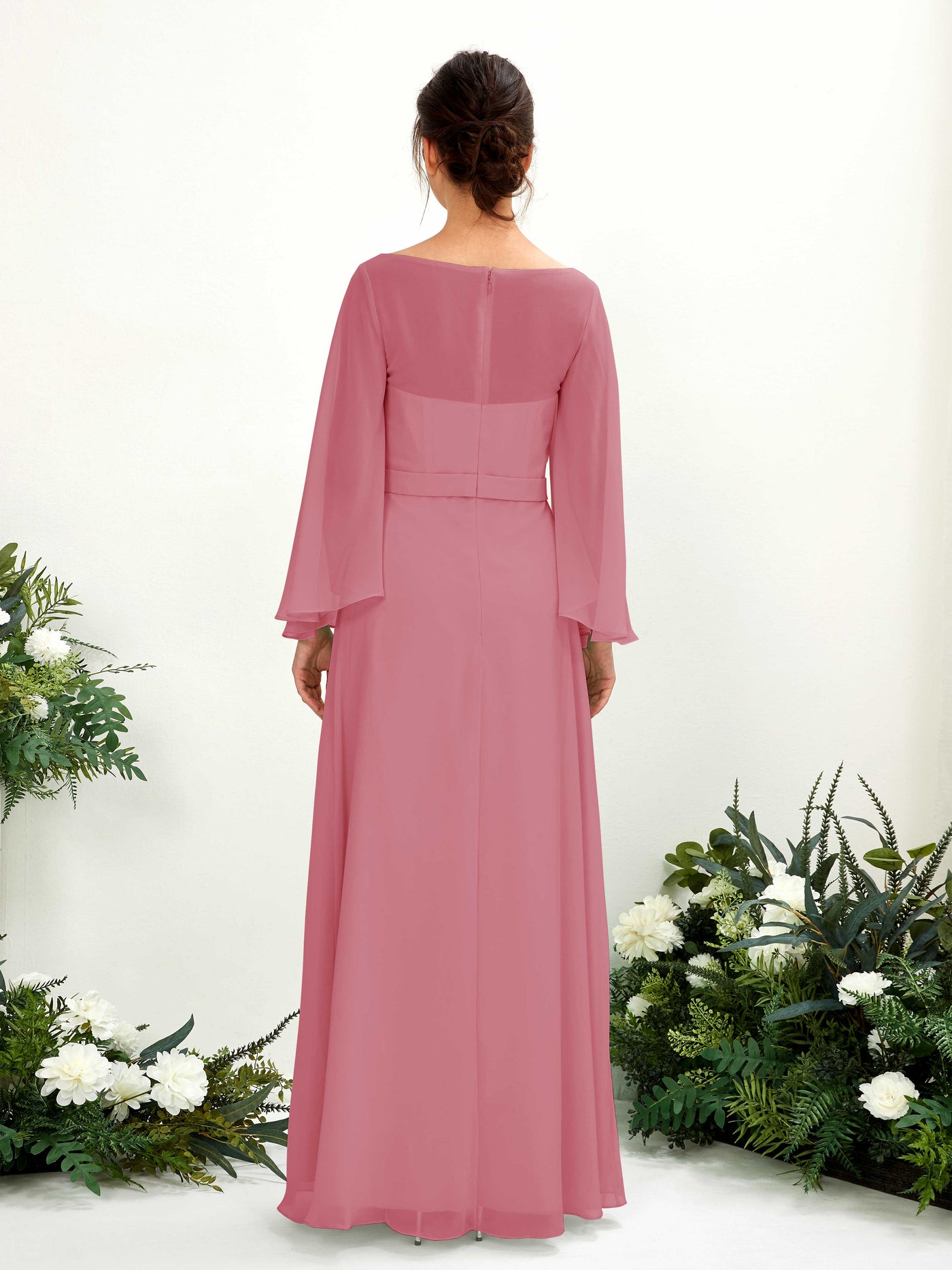 Bateau Illusion Long Sleeves Chiffon Bridesmaid Dress - Desert Rose (81220511)#color_desert-rose
